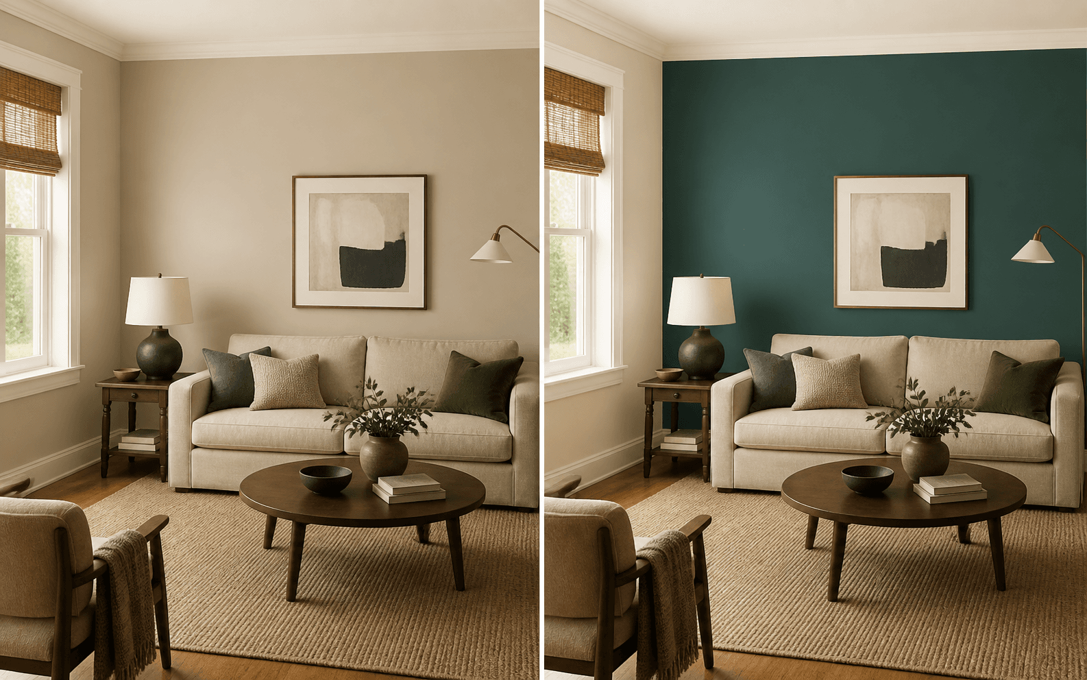 The same living room shown with warm greige walls and with a deep teal feature wall